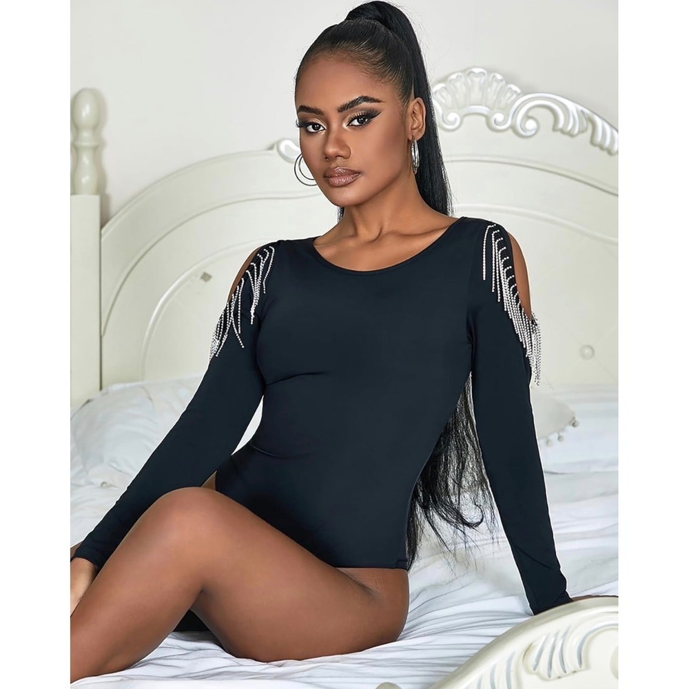 Blue B Collection Black Cold Shoulder Rhinestone Fringe Bodysuit 32105T small